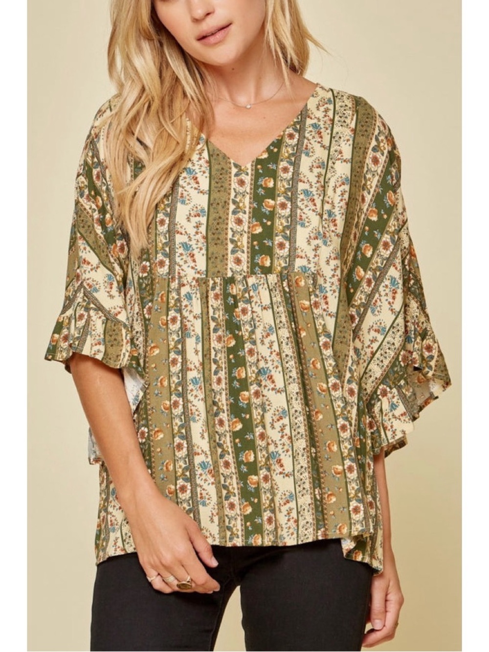 Andree by Unit FLORAL RUFFLE SLEEVE TOP, OLIVE size 1x